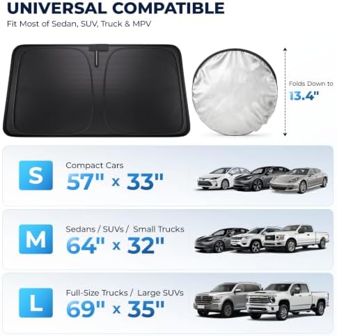 DMJN Front Windshield Sun Shade for Universal Large Size, [Nano Ice-Crystal Coatings] UPF50+ Heat & UV Block, Protect Car Interior & Keep Cool, Flodable Steel-Ring Car Cover for Summer - Image 6