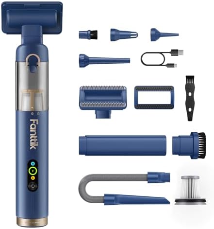 Fanttik Slim V10 APEX Cordless Car Vacuum, 4-in-1 Portable Mini Handheld Vac, Upgraded Smart Digital Display, 19kPa Suction Power, 2 Suction Modes for Small Jobs, Car, Office Desk, Keyboards (Blue) by FANTTIK%C2%AE