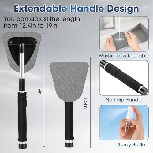 Gray Windshield Cleaner Tool, Car Interior Cleaning Kit with Extendable Handle and 3 Reusable Microfiber Pads, Auto Glass Wiper and Detailing Brush Kit for Car & Home Window - Image 4