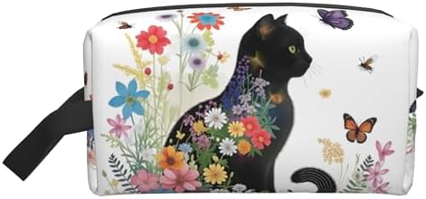 Floral Cat Silhouette Makeup Bag - Durable 600D Oxford Fabric Travel Cosmetic Bag, Shockproof Foam Padded Toiletry Organizer for Gym & Daily Use 10x6.2x4.9 Inch by OLUSENMO