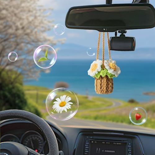 Crochet Car Air Freshener Holder Daisy Hanging Plant for Car Accessories - Image 2
