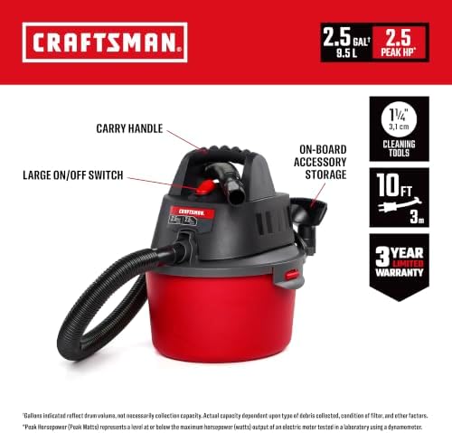 CRAFTSMAN CMXEVBE17250 2.5 Gallon 2.5 Peak HP Wet Dry Shop Vacuum - Image 2