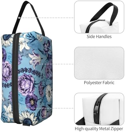 Blue and Purple Watercolor Floral Makeup Bag - Durable 600D Oxford Fabric Travel Cosmetic Bag, Shockproof Foam Padded Toiletry Organizer for Gym & Daily Use 10x6.2x4.9 Inch - Image 3