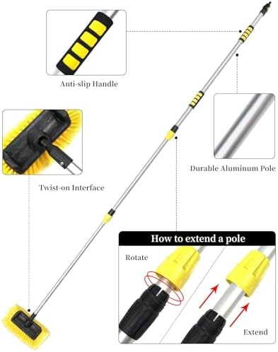 Buyplus 5-12 Foot (20 ft Reach) Car Wash Brush with 12-Inch Soft Bristle, On/Off Switch Telescopic Car Truck Boat Washing Brush with Hose Attachment for Cleaning RVs, House Siding, Floors and More! - Image 6