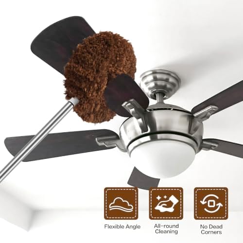 Ceiling Fan Cleaner Duster Reusable Microfiber Ceiling Fan Blade Cleaner Removable Duster with Extension Pole Adjusts 13 to 49.7 Inch for Cleaning Walls Bookshelves Furniture Door Window Top (Brown) - Image 2