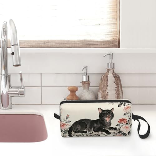 Yawning Black Cat Roses Makeup Bag for Women with Wrist Strap | Durable 600D Oxford Fabric Cosmetic Organizer,Compact Travel Pouch with Handle for Gym & Daily Use - Image 7
