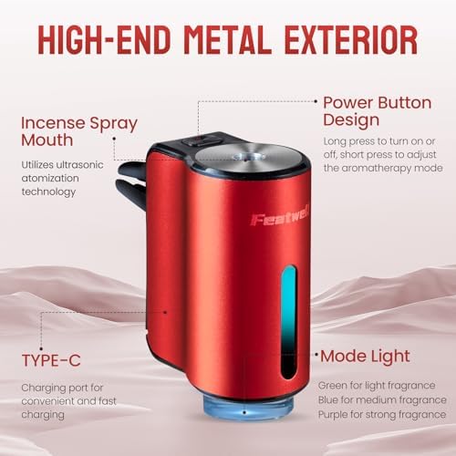 Featwell Car Air Freshener, Three Adjustable Modes Intelligent Aroma Diffuser, Rechargeable Car Diffuser Air Freshener, Red - Image 6