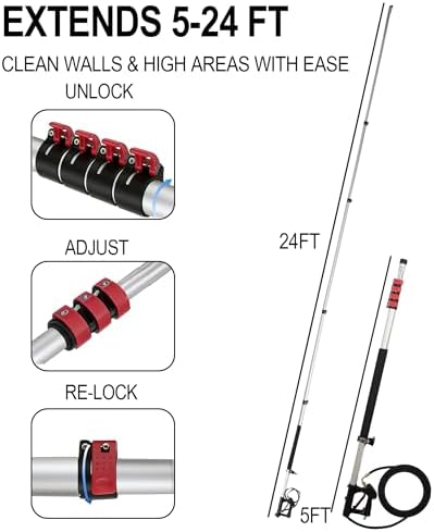 Hourleey 24 FT Telescoping Pressure Washer Wand, Power Washer Extension Wand with Brush Head, Gutter Cleaner, 3 Curve Wands, Adjustable Support Belt, Pivoting Coupler, 7 Spray Nozzles, 4000 PSI - Image 2