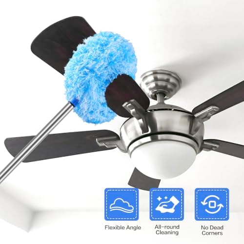 Ceiling Fan Cleaner Duster Reusable Microfiber Ceiling Fan Blade Cleaner Removable Duster with Extension Pole Adjusts 13 to 49.7 Inch for Cleaning Walls Furniture Door Window Top (Blue White) - Image 2