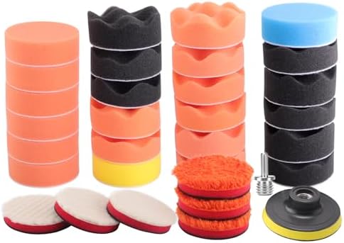Drill Polishing Kit for Car, 3''(80mm) 32Pcs Car Foam Buffing Pads, Wool Pads Drill Buffing Pad, Wax Buffer Polisher Attachment with 5/8-11 Thread Backing pad & Adapters by ZFE
