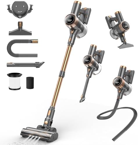 Cordless Vacuum Cleaner, 10-in-1 Lightweight Stick Vacuum with 45mins Runtime, Powerful Suction, LED Touch Screen, Rechargeable Vacuum Cleaners for Home Hardwood Floor Carpet Pet Hair (Gold) by NuYupo