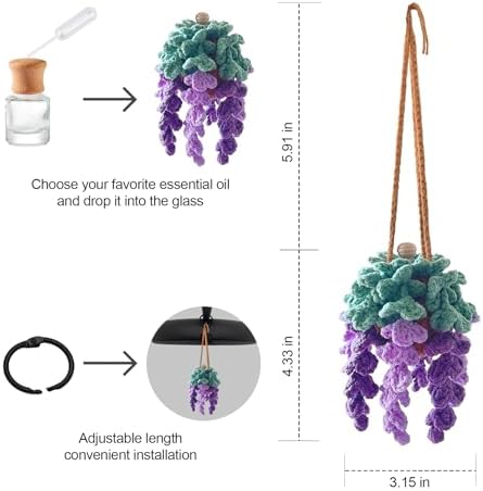 Crochet Car Air Freshener, Empty Refillable Oil Diffuser Bottle with Hanging Crochet Plant for Car Rearview Mirror Decor, Handmade Home and Office Decor (Wisteria) - Image 4