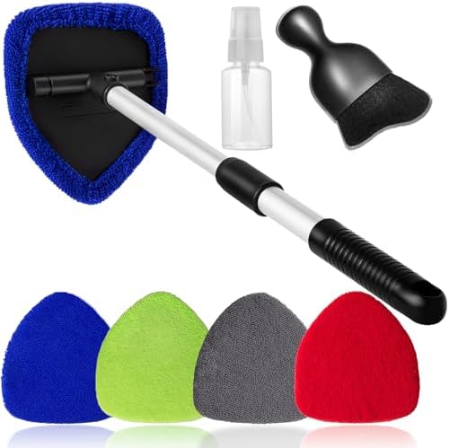 Qydipclin 7pcs Windshield Cleaner Tool Car Window Cleaning Wash Kit with 4 Reusable Microfiber Pads 1 Spray Bottle and Extendable Handle Auto Glass Wiper Kit, Multicolor by Qydipclin