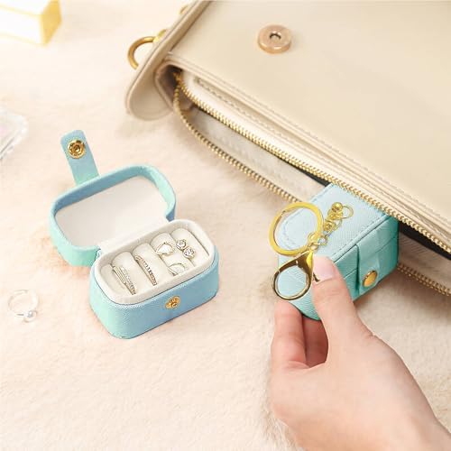 Wedding Ring Bearer Pillows Box for Dog Collar, PU Leather Travel Mini Ring Holder Pouch with Keychain Clip& Buckle Closure, Bridesmaid Gifts Jewelry Storage Case for Women Girls(Light blue) - Image 5