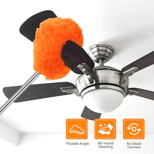 Ceiling Fan Cleaner Duster Reusable Microfiber Ceiling Fan Blade Cleaner Removable Duster with Extension Pole Adjusts 13 to 49.7 Inch for Cleaning Walls Bookshelves Furniture Door Window Top (Orange) - Image 2