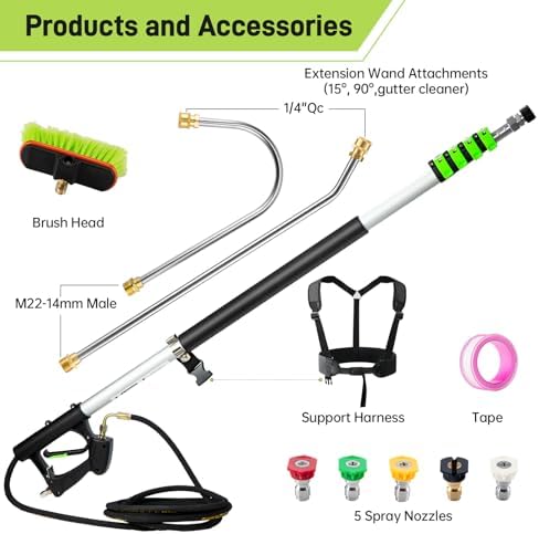TOR 24 FT Telescoping Pressure Washer Wand with Pressure Washer Extension Wand,Gutter Cleaner Attachment, Pressure Washer Telescoping Wand with 5 Spray Nozzle Tips, 2 Hose Inlet Adapters, Brush Head - Image 6
