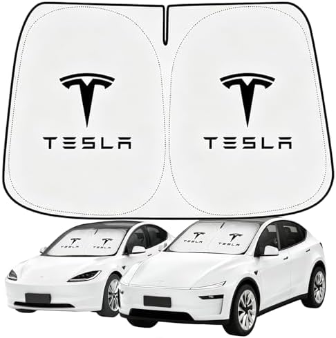 Windshield Sunshade for Tesla Model 3 & Model Y, Digital Printed Double-Sided Fabric Sun Visor, Silver Outside Black Inside UV Block Sunshade Compatible with 2017-2026 Model 3 2021-2026 Model Y by AccessoriesforTeslaModelYandModel3