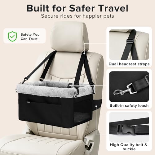 JOEJOY Deluxe Dog Booster Seat with Sturdy Metal Frame and Safety Leash for Small Pets up to 20 lbs - Portable Puppy Dog Car Seat with Thick Cushion and Storage Pockets for Small Dogs, Black - Image 2