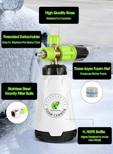 Foam Cannon for Pressure Washer (Wide Mouth), Stainless Steel Filter Thick Snow Car Wash Foam Gun, Adjustable Soap Cannon with 1/4“ Quick Connector, Additional 1.1mm Orifice Nozzle, 1L HDPE Bottle - Image 2