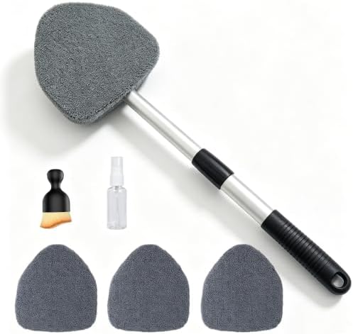 Microfiber Car Windshield Cleaning Tool with Extendable Handle,Car Defogging Glass Cleaning Brush with 4 Reusable Microfiber Pads 1 Spray Bottle and 1 Car Dust Removal Brush. (Gray) by GIRLOOKA