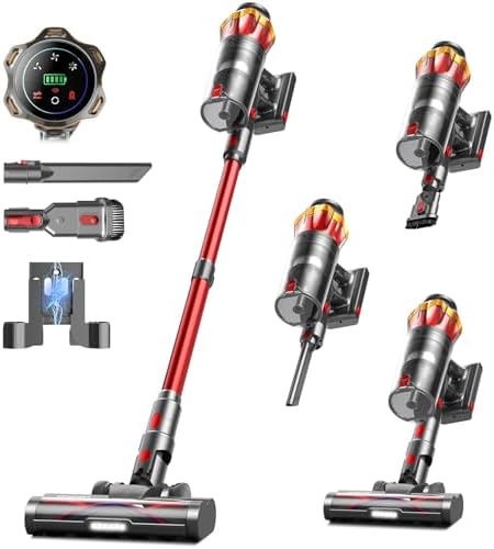 Cordless Vacuum Cleaner, 650W/55KPa 70Mins Vacuum Cleaners for Home, Self-Standing Stick Vacuum with Anti-Tangle Brush & OLED Touch Screen, Vacuum Cleaner for Hardwood Floors,Carpet,Pet Hair,Car (Red) by CORDLESSVACUUMCLEANER