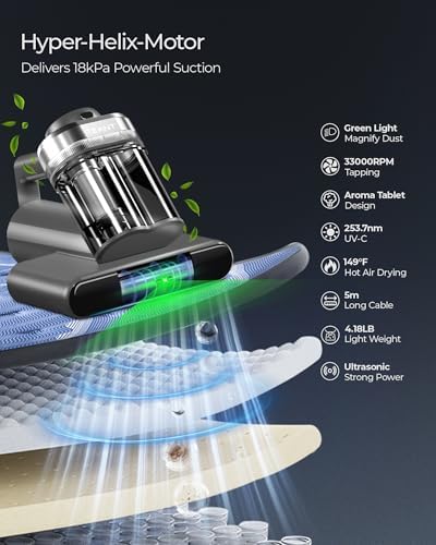 Teant Bed Mattress Vacuum, 18 kPa & Green Light Dust Detection, MV-Grey - Image 3