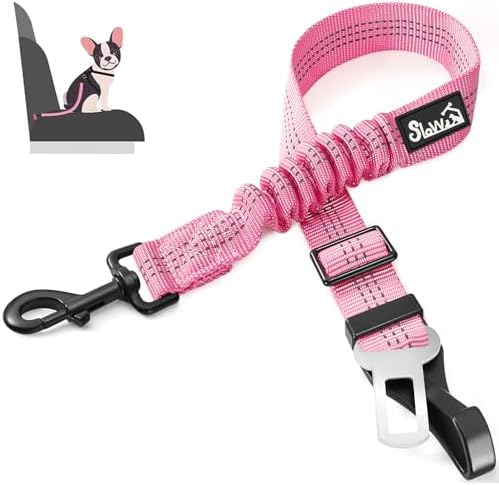 SlowTon Dog Car Seat Belt, 3 in 1 Latch Bar Attachment Dog Safety Seatbelt | Hook Latch Bar& Seatbelt Buckle, Reflective, Heavy Duty Nylon, Durability, Easy of Use, for Travel Riding, Pink, 27.5" by SlowTon