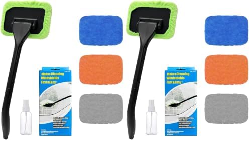 Ohleats Car Windshield Cleaning Tool, Microfiber Window Cleaner with 4 Washable and Reusable Cloth Pad & Long Handle, Auto Glass Wiper Cleaning Kit with Spray Bottle, Car Accessories (Pack of 2) by Ohleats