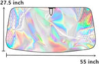 GWUSKDT Foldable Windshield Sunshade Iridescent Heat Shield with Reflective Polyester Fabric UV Protection Car Sun Shade with Memory Steel Frame Keeps Interior Cool & Protects Dashboard (55 x 27.5 in - Image 4