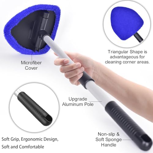 desin Windshield Cleaning Tool, Car Window Cleaner Windshield Cleaner with 4 Reusable and Washable Microfiber Pads and Extendable Handle Auto Inside Glass Wiper Kit (Dark Blue) - Image 3