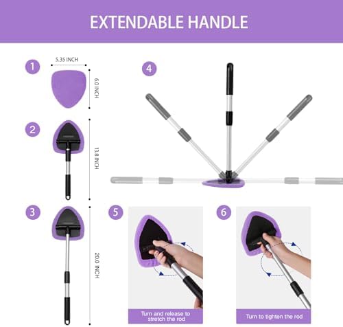 Qydipclin 7pcs Windshield Cleaner Tool Car Window Cleaning Wash Kit with 4 Reusable Microfiber Pads 1 Spray Bottle and Extendable Handle Auto Glass Wiper Kit, Purple - Image 4