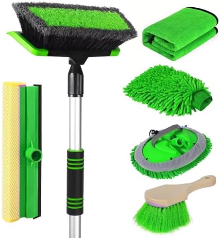 62'' Car Wash Brush with Long Handle, Scratch-Free Soft Bristles Sturdy Car Wash Mop, Complete Cleaning Brush Kit Wash Mitt Towel Windshield Squeegee Wheel Tire Brush for Car Truck RV Green by Wontolf