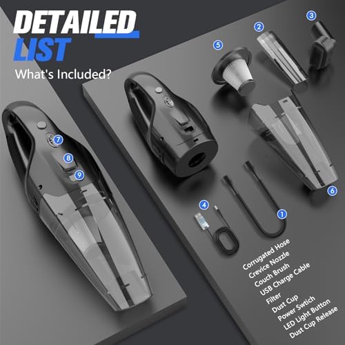 Handheld Vacuum Cordless Rechargeable with LED Light, Car Vacuum Portable Cordless, Hand Vacuum Cleaner Car Seats, Home, Quick Cleanup, Strong Suction, Lightweight, Includes Crevice Nozzle & Brush - Image 3
