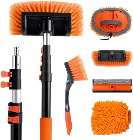 17ft Telescopic Pole with Car Wash Brush and Window Squeegee Kit, 3-12 ft Extension Pole, Bristles Wash Brush, Chenille Mop & Wash Mitt, Wheel Brush for Outdoor Cleaning Supplies for Roof, RV, Truck by Unknown