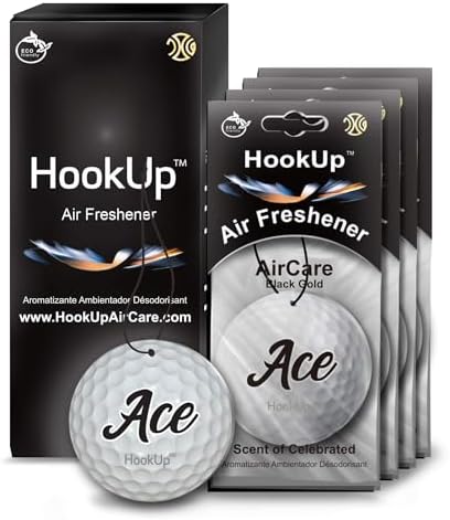 Golf Car Air Freshener by HookUp - 4 Pack - Black Gold Scent (Extra Strong) | Unique Golf Gift for Players, Coach, Fans | Hanging Car Accessory with Long Lasting Fresheners Smell by HookUpAirCare