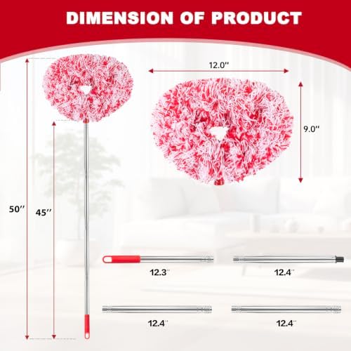 Ceiling Fan Cleaner Duster Reusable Microfiber Ceiling Fan Blade Cleaner Removable Duster with Extension Pole Adjusts 13 to 49.7 Inch for Cleaning Walls Furniture Door Window Top (Red White) - Image 6