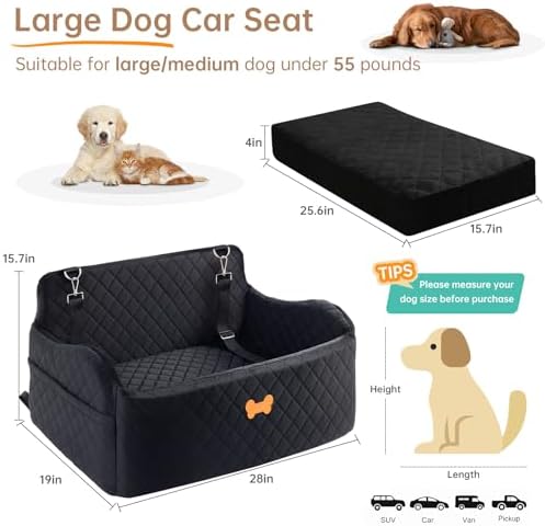 Car Seat for Large Size Dog, Booster Seat for Dogs Under 55 lbs or 2 Small Dogs, Soft Car Dog Bed Filling in Thick Memory Foam with 2 Safety Leashes and Storage Pocket (Black) - Image 4