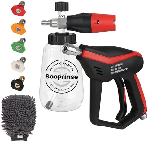 Sooprinse Short Pressure Washer Gun with Foam Cannon, Foam Cannon for Pressure Washer, 1/4 Inch Quick Connector, 5 Nozzle Tips with Car Wash Mitt, 1 Liter by Sooprinse