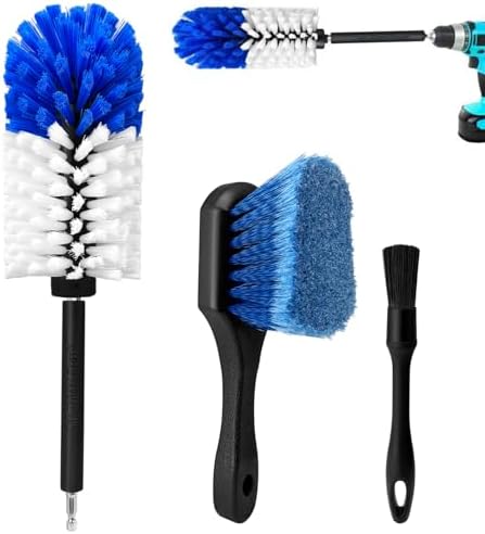 Wheel Brush Kit,Soft Drill Wheel Cleaner Brush, No Scratches Highly Dense Car Cleaning Brush Set for Wheels, Tire, Rims, Engines, Exhaust(Blue + White 3 Pk) by HOLANHING