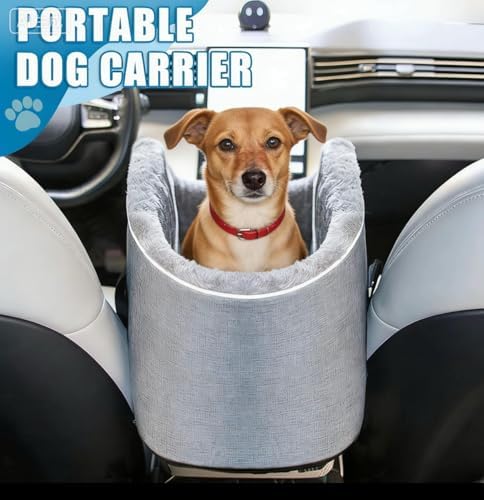 Pet Car Center Console Elevated Armrest Car Seat for Small Puppy, Dogs & Cats (Up to 10 lbs) – Dark Gray Washable Plush Carrier with Safety Leash, Fits Front Vehicle Console Space (Grey) - Image 6
