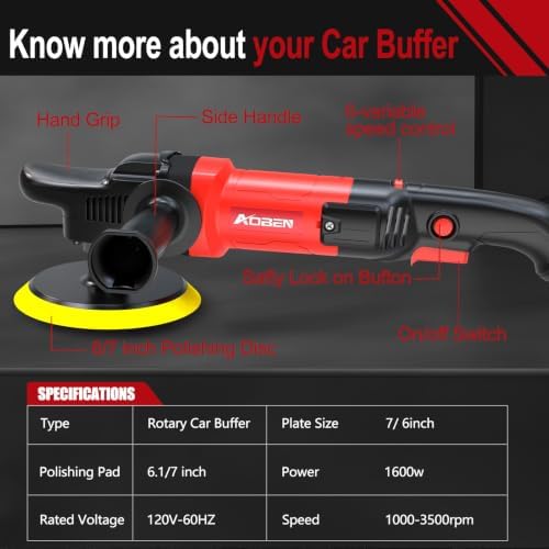 AOBEN Car Buffer Polisher,Rotary polisher,1600W Car Polisher Waxer with 6 Variable Speed,4 Polishing Pads,Detachable Handle for Car Polishing and Waxing - Image 5