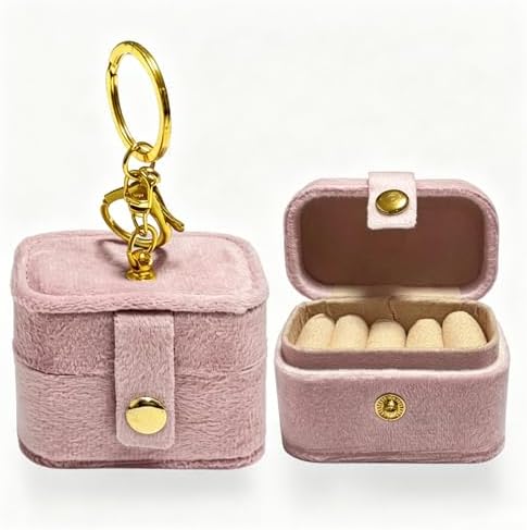Mini Velvet Ring Box with Keychain Clip, Travel Jewelry Organizer Ring Earrings Storage Box for Proposal Engagement Wedding Ceremony Party, Pet Ring Bearer Accessory, Pink by COSLANLEE