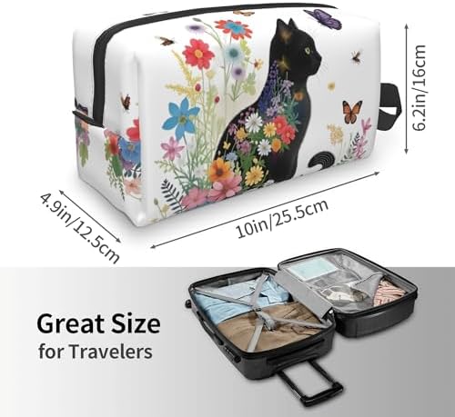 Floral Cat Silhouette Makeup Bag - Durable 600D Oxford Fabric Travel Cosmetic Bag, Shockproof Foam Padded Toiletry Organizer for Gym & Daily Use 10x6.2x4.9 Inch - Image 4