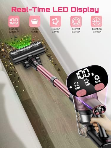 Cordless Vacuum Cleaner, 10 in 1 Stick Vacuum with Powerful Suction, Hose, Green LED Light, Anti-Tangle Brush, Lightweight Rechargeable Vacuum Cleaner for Home, Hardwood Floors, Carpets, Pet Hair,Pink - Image 3