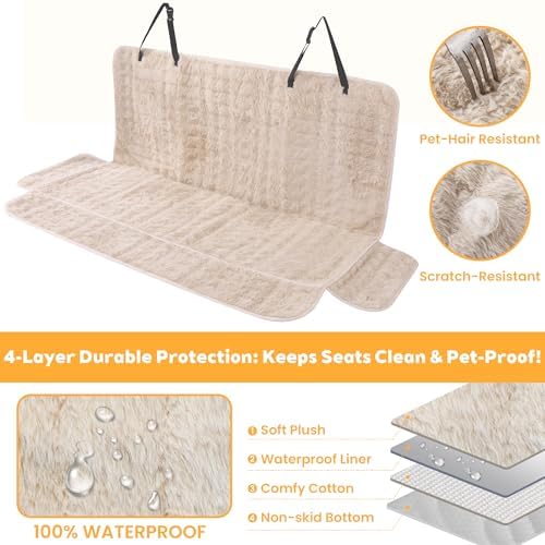 Dog Car Seat Cover, Waterproof Plush Pet Seat Protector, Beige, Back Seat | Faux rabbit fur, waterproof layer, non-slip silicone backing, side flaps, machine washable, fits most cars and SUVs - Image 3