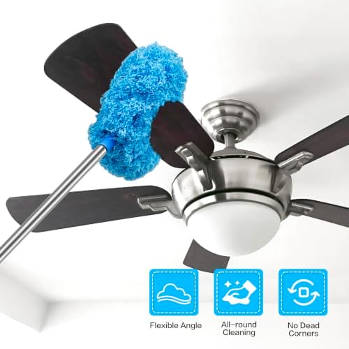 Ceiling Fan Cleaner Duster Reusable Microfiber Ceiling Fan Blade Cleaner Removable Duster with Extension Pole Adjusts 13 to 49.7 Inch for Cleaning Walls Bookshelves Furniture Door Window Top (Blue) - Image 2