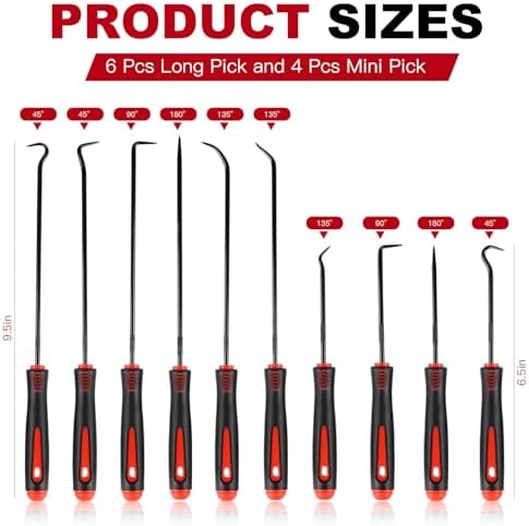 Rindion 10PCS Pick Set Mechanic, Hook and Pick Tool Set with Non-Slip Grip, Long & Mini Automotive Pick Set for O-Ring, Seal & Gasket Removal, Car Repair, Mechanical and DIY Use(Red) - Image 2