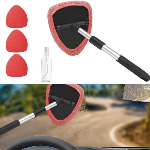 Car Window Cleaner, Car Cleanser Brush, Car Accessories Car Cleaning Supplies Tools, Car Cleaning Kit with Extendable Handle, Microfiber Cloth, Spray Bottle, Fits All Cars (Red) - Image 2