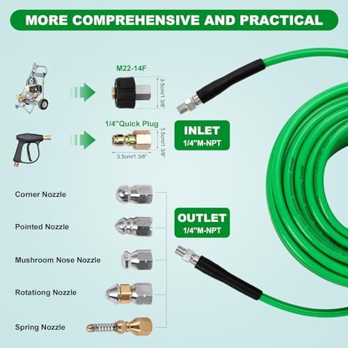 Sewer Jetter Kit for Pressure Washer,Water Jet Drain Cleaning Hose with Corner Rotating Button Spring Nose 1/4" NPT Sewer Cleaning Tool High-Pressure Nozzles,5800 PSI 100 FT - Image 4