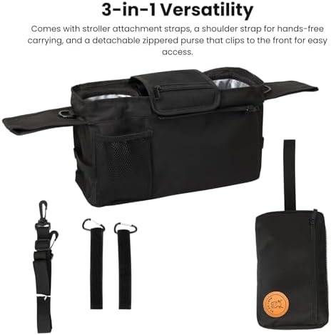 Universal Stroller Organizer with Insulated Cup Holders | Detachable Phone/Wipe Pouch & Shoulder Strap Stroller Caddy | Spacious, Fits Jogger, Umbrella, Travel & Pet Strollers - Image 2